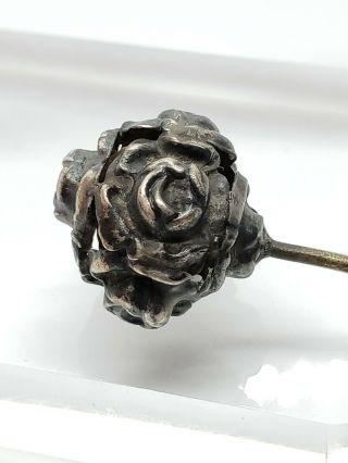 Exquisite Antique Victorian Sterling Silver Reppouse Rose Floral Topped Hat Pin 2