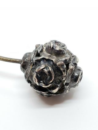 Exquisite Antique Victorian Sterling Silver Reppouse Rose Floral Topped Hat Pin 5