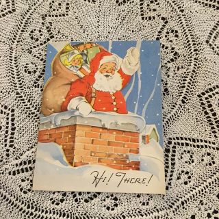 Vintage Greeting Card Christmas Santa Claus Chimney Toys Doll