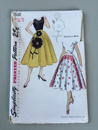 Vintage Simplicity Full Circle Skirt Sewing Pattern W/ Applique Transfer 3560 Ff