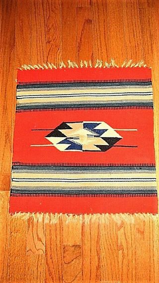 Vtg Red Black Tan Southwestern American Chimayo Wool Rug Wall Hanging W Fringe