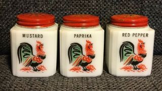 Vintage Set Of 3 Tipp Spice Jars 2 5/8” Milk Glass Rooster Red Metal Shaker Caps