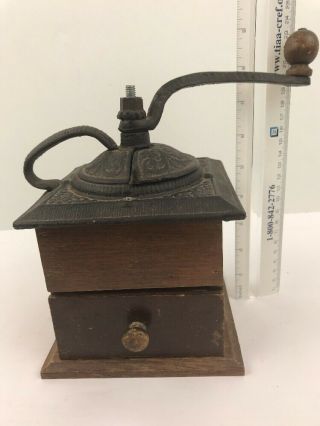 Vintage Coffee Grinder Wooden Box And Cast Iron Metal