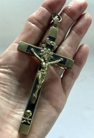 Vintage Crucifix Ebony Brass Skull Crossbones Nun Priest Faith Cross 4 " 1/4 L