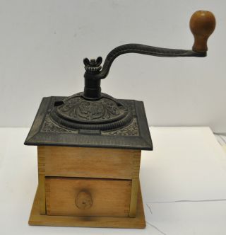 Vintage Wood Hand Crank Coffee Grinder Cast Iron Top