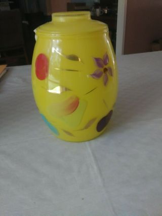 50s Bartlett Collins Yellow Glass Cookie Jar & Lid Fruit Floral Gold Accent Rp