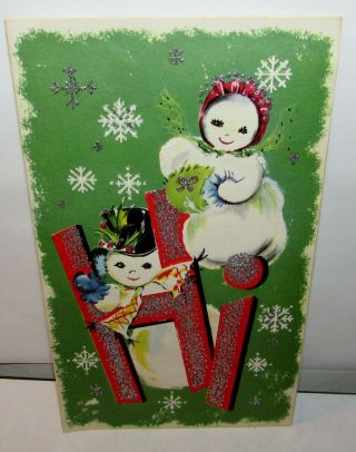 22 Mid - Century Vintage Christmas Cards Mr.  & Mrs.  Snowman Couple Glitter