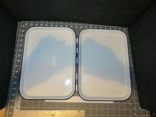2 Enamelware Serving / Drip Trays White With Blue Trim 13 - 3/4 " X 9 - 3/4 " X 3/4 "