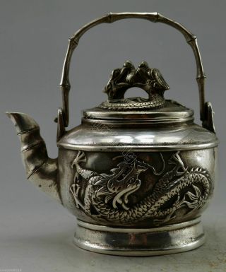 132mm Collectible Decor Old Handwork Miao Silver Carved Dragon Bamboo Teapot