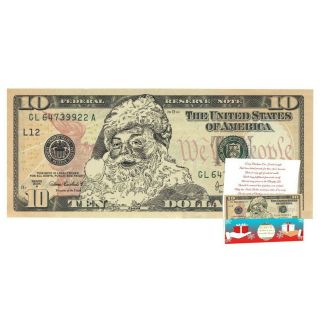 Santa Claus Dollar $10 W/ Greeting Card Christmas Stocking Stuffer.  Real Usd
