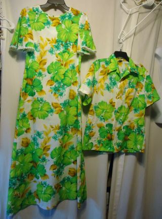 Vintage 60s Hawaiian Wedding Honeymoon Set Maxi Dress Sz 8 Matching Mens Shirt M