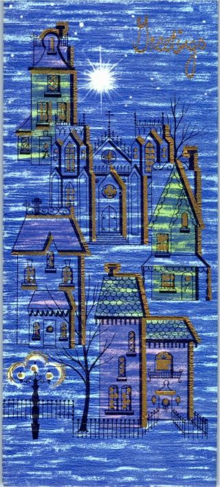 Mcm Blue Star Picket Fence Town Home Houses Streets Vtg Christmas Greeting Card