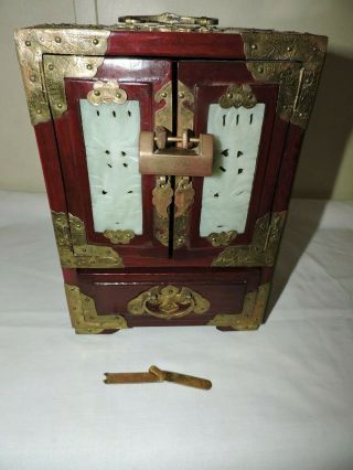 Vintage Chinese Oriental Carved Jade Brass Asian Wood Jewelry Box W Lock & Key