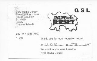 Qsl Bbc Radio Jersey St Helier Channel Islands Uk 1983 On 1026 Khz Am 1 Kw Dx