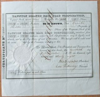 1842 Taunton Branch Railroad Corp.  Stock Certificate,  President Signed,  Seal