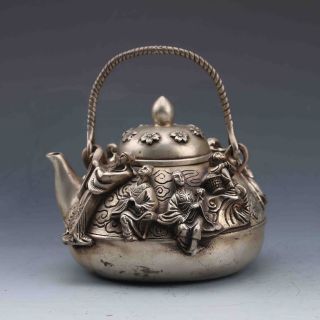 Delicate Chinese Tibet Silver Copper Handwork Carved Eight Immortals Teapot