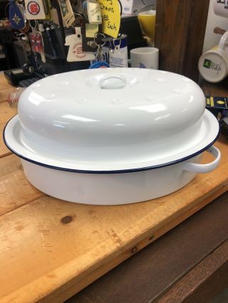 Vintage Enamelware Blue And White Baking Dish Roasting Pan With Lid