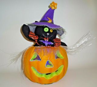 Lighted 16 " Animated Fiber Optic Halloween Pumpkin With Witch Cat Decoration