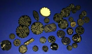 40,  Vintage Carved Black Glass Sewing Buttons Assorted Styles And Sizes