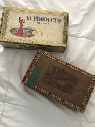 Two Vintage Cigar Box Boxes Muniemaker El Producto Wooden Cardboard Fd Graves