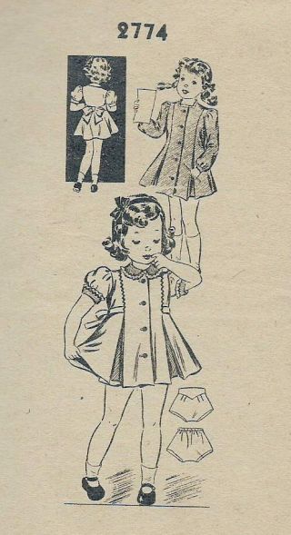 Vintage Mail Order Dress & Panties Sewing Pattern,  Size 2 Toddler Child,  1940s