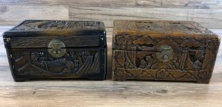 Vintage Hand Carved Wooden Chinese Monk Scenery Jewelry Trinket Box Set Lockable