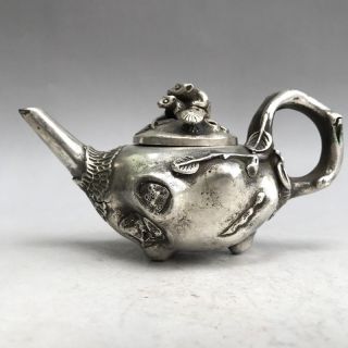 China Antiques Tibetan Silver Qianlong Hand - Carved Frog Lotus Leaf Tea Pot