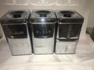 A Vintage Retro 1950s 4 Pc Canister Set Stainless Steel Flour Sugar Coffee Tea