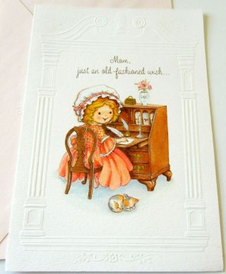 Vintage Greeting Card Hallmark Charmers Old Fashioned Girl At Desk W Cat