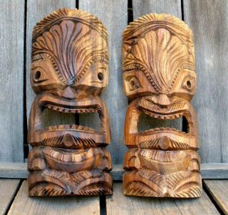 Vintage 2 Polynesian Signed Carved Wood Tiki Masks Hawaii Luau Bar Decor