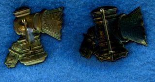 2 Diff Antique SEARCH LIGHT BICYCLE LAMP ADVERTISING PINS Brass CARBIDE LIGHTS 3