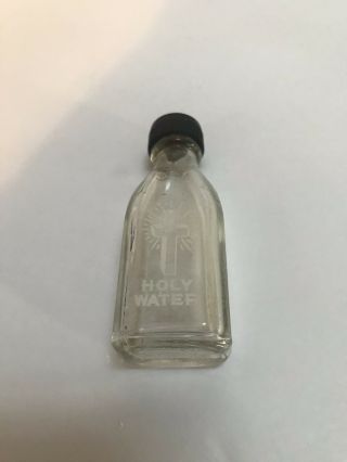 Vintage Holy Water Bottle Printed Cross Almost 3 " Tall Clear Glass Black Lid