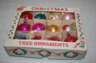 12 Vintage Glass Poland Santa Christmas Tree Ornaments Round Glitter W Box