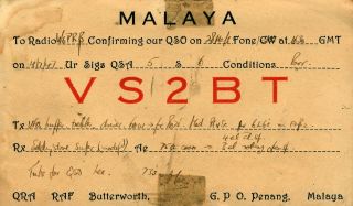 Vs2bt Mac Penang,  Malaya 1947 Vintage Ham Radio Qsl Card