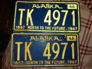 A Pair,  Set Of 2 Vintage 1966 Alaska North To The Future License Plate Tk 4971