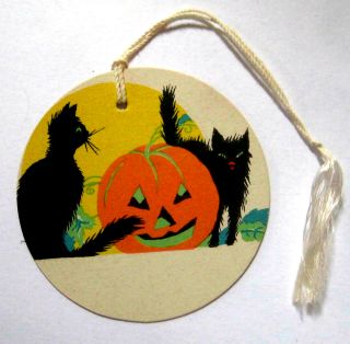 Vintage Halloween Tally Card 2 Cats Jack O ' Lantern Art Deco Chas S Clark ex cd 3