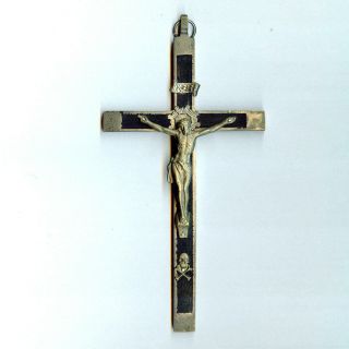 Vintage Pectoral Crucifix Cross With Skull And Crossbones Ebony Wood Inlay 5.  5 "