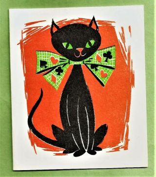 2 Assorted VINTAGE 1950 ' s HALLOWEEN Party Tally Card with BLACK CAT wearing Bow 2