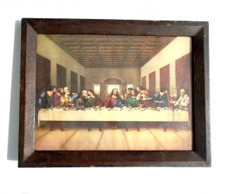 Rare Vintage Print Da Vinci Last Supper Antique Frame Christian Art