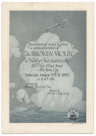 The Broken Violin Theatre Card,  Arrow Film Corp.  - Wurlitzer Hall C.  1923