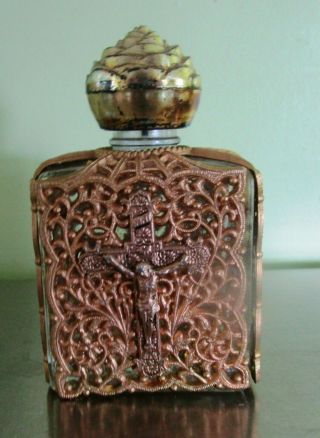 Vintage Holy Water Bottle Brass Metal Covering Rose Stopper Cross Motif