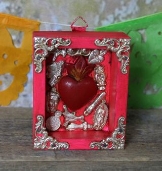 Sm Hot Pink Heart Wood & Milagro Shadow Box Handmade Michoacán Mexican Folk Art