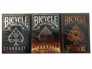 Set 3 Decks Bicycle Stargazer & Sunspot & Fire Standard Poker Playing Cards