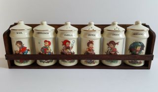 Vintage Hummel Ceramic Spice Jar Shakers & Wooden Hanging Rack 7 Pc Jsny J.  S.  N.  Y