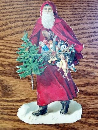 Boy Dressed As St.  Nicholas,  Toys,  Holly,  Basket,  & Green Tree,  Very Early Scrap