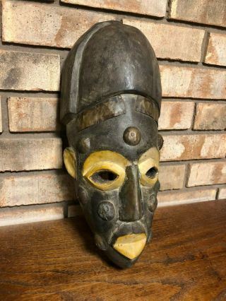 Old Antique Hand Carved Wood & Metal African Tribal Art Mask Face Wall Hanger