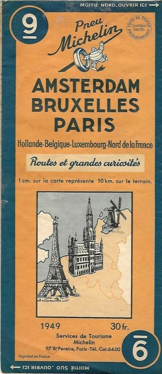 1949 Michelin Tire Tourist Road Map Amsterdam Brussels Paris Belgium Holland