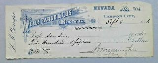 Bank Check Wells Fargo Bank Carson City Nevada 1886 Yerington