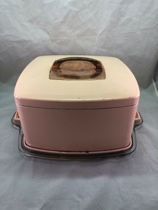 Vintage Large Mid - Century Pink Metal Cake Saver Carrier W/glass Plate