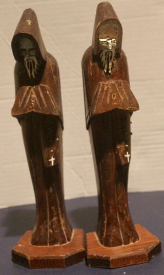 Pair Reading Monks Bookends Hooded Robes Hand Carved Wood